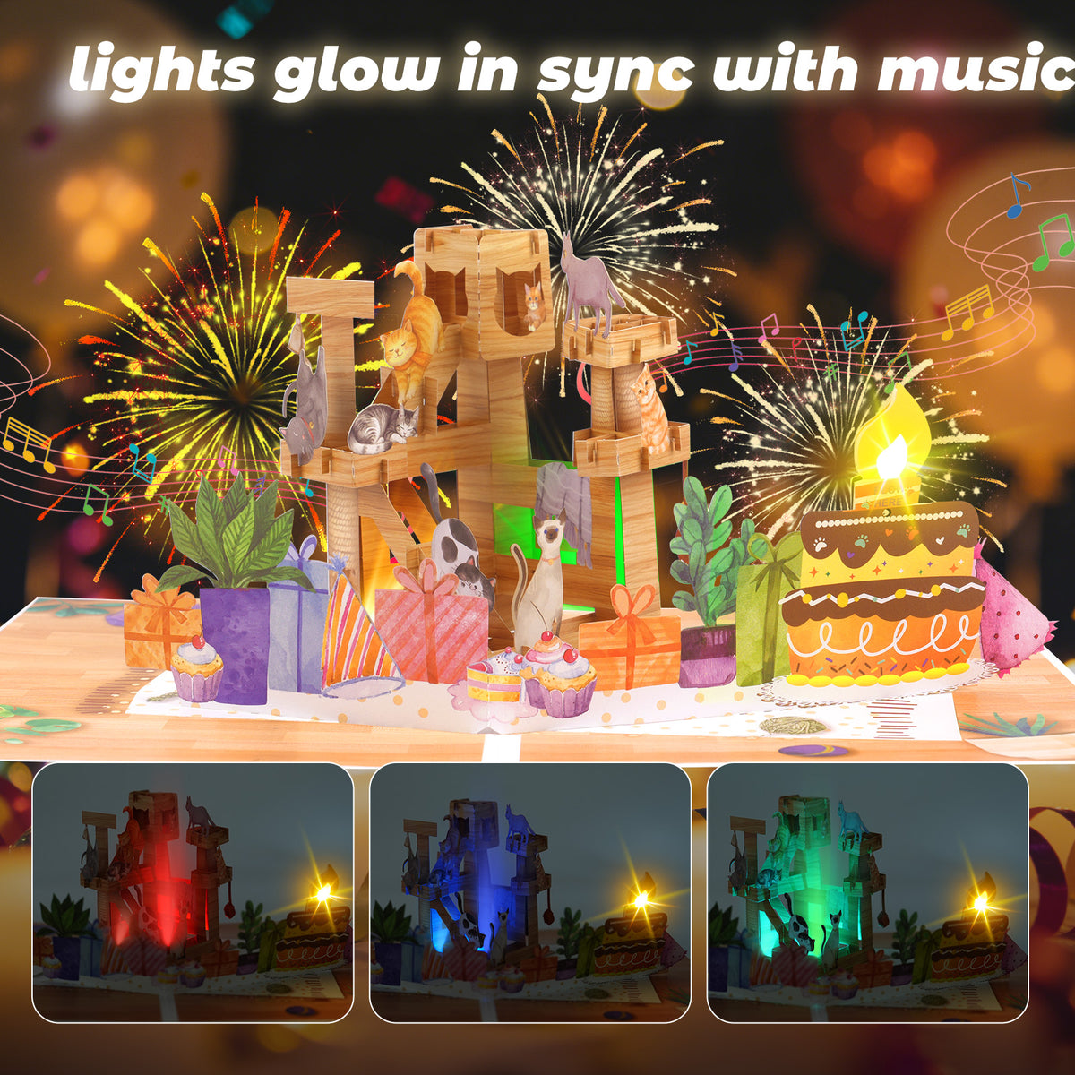 Cat Tree Music & Lights Pop-Up Blow-to-Celebrate Birthday Card