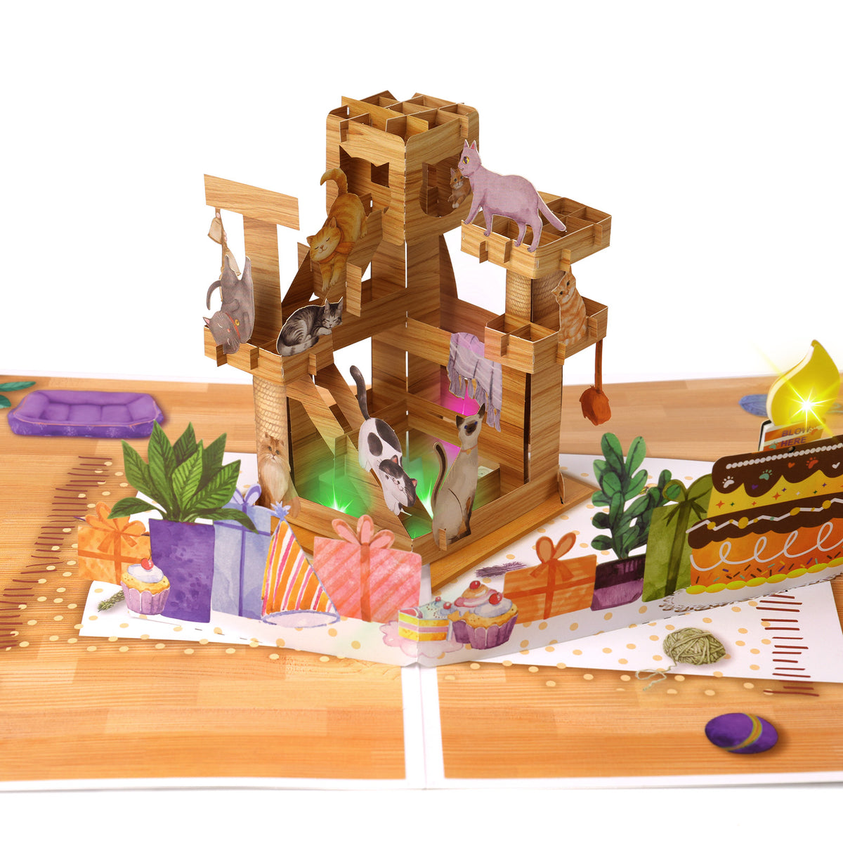 Cat Tree Music & Lights Pop-Up Blow-to-Celebrate Birthday Card