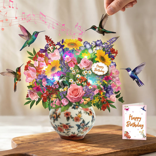 3D Hummingbird Bouquet Music & Lights Pop-Up Birthday Card