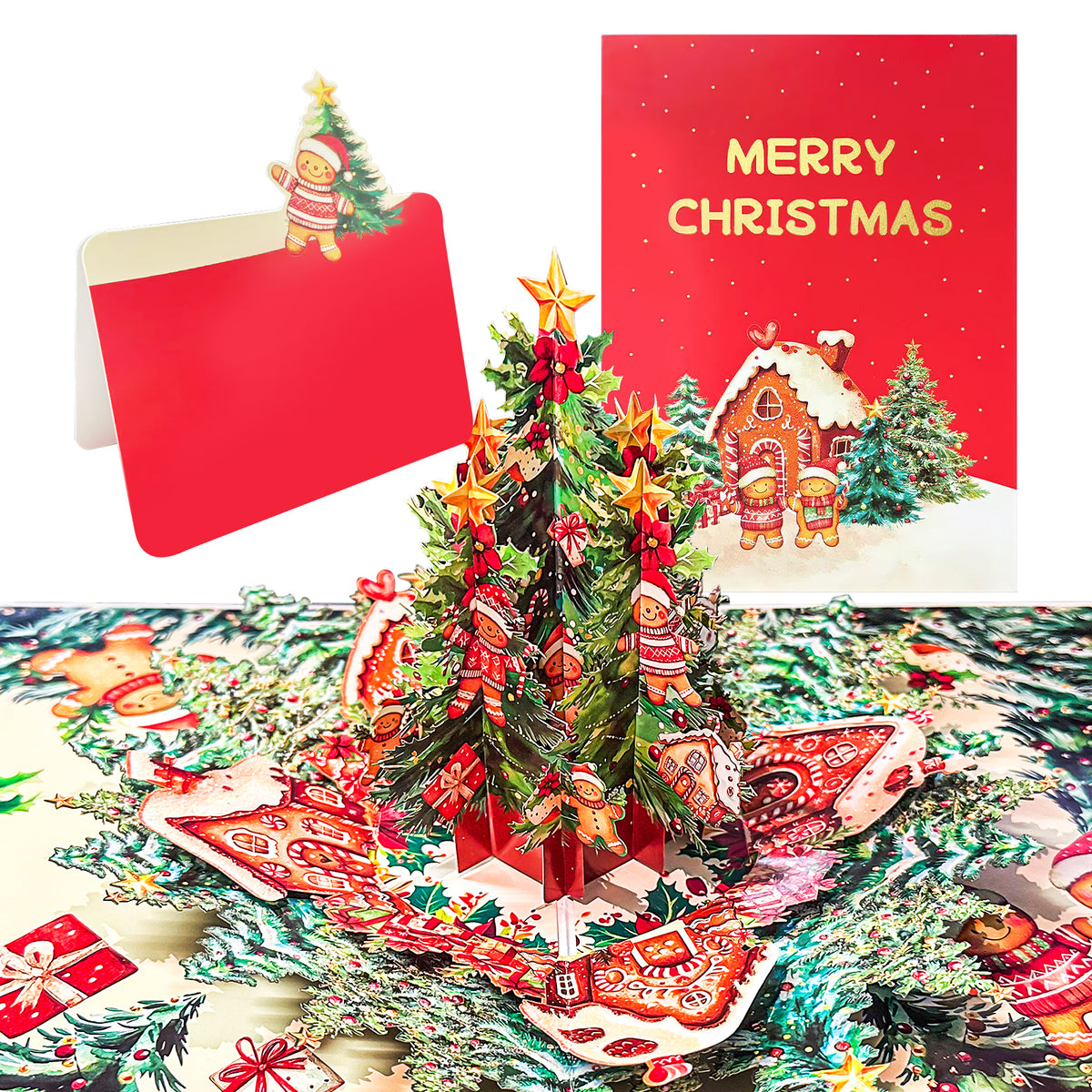 3D Gingerbread Christmas Tree Gold Foil Pop-Up Christmas Card