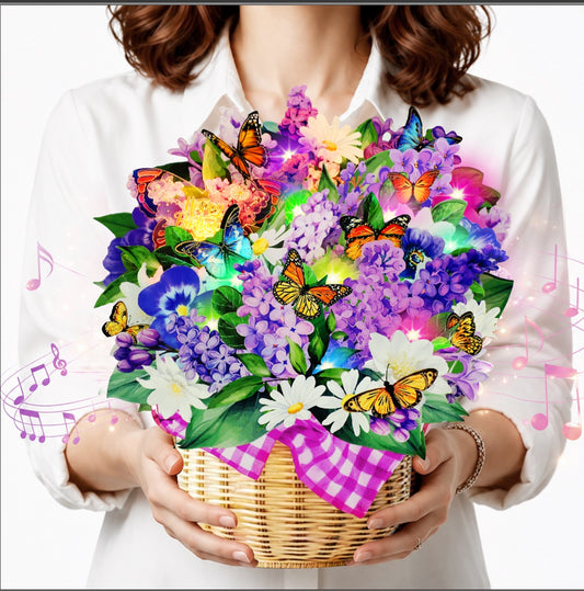 3D Garden Lilacs & Butterfly Bouquet Music & Lights Pop-Up Birthday Card