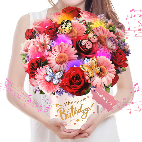 Musical Birthday Cards, 3D Pop Up Happy Birthday Cards, 10 Inch Flower & Butterfly Bouquet Greeting Cards