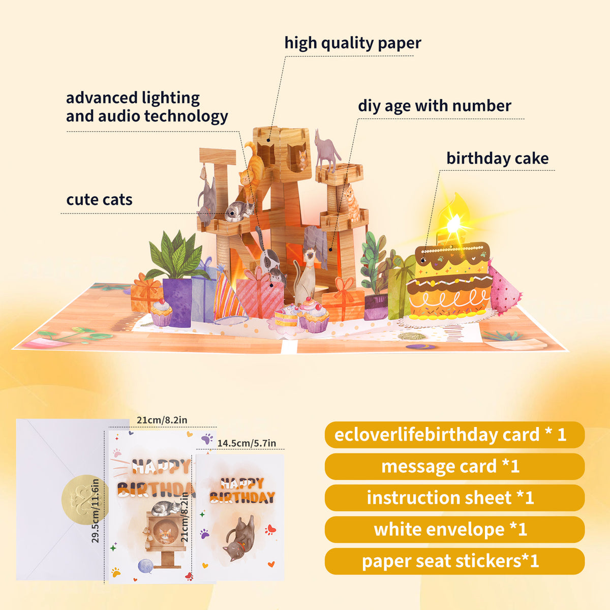 Cat Tree Music & Lights Pop-Up Blow-to-Celebrate Birthday Card