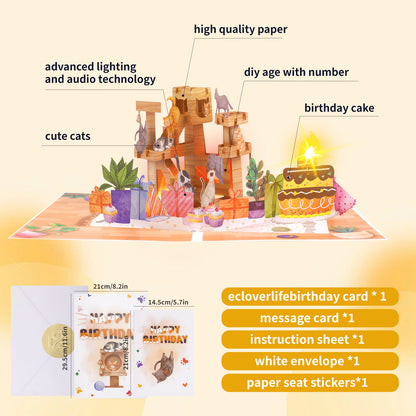 Cat Tree Music & Lights Pop-Up Blow-to-Celebrate Birthday Card