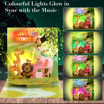 2nd Birthday Jungle Critters Music & Lights Pop-Up Birthday Card