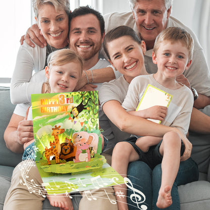 3rd Birthday Jungle Animals Music & Lights Pop-Up Birthday Card