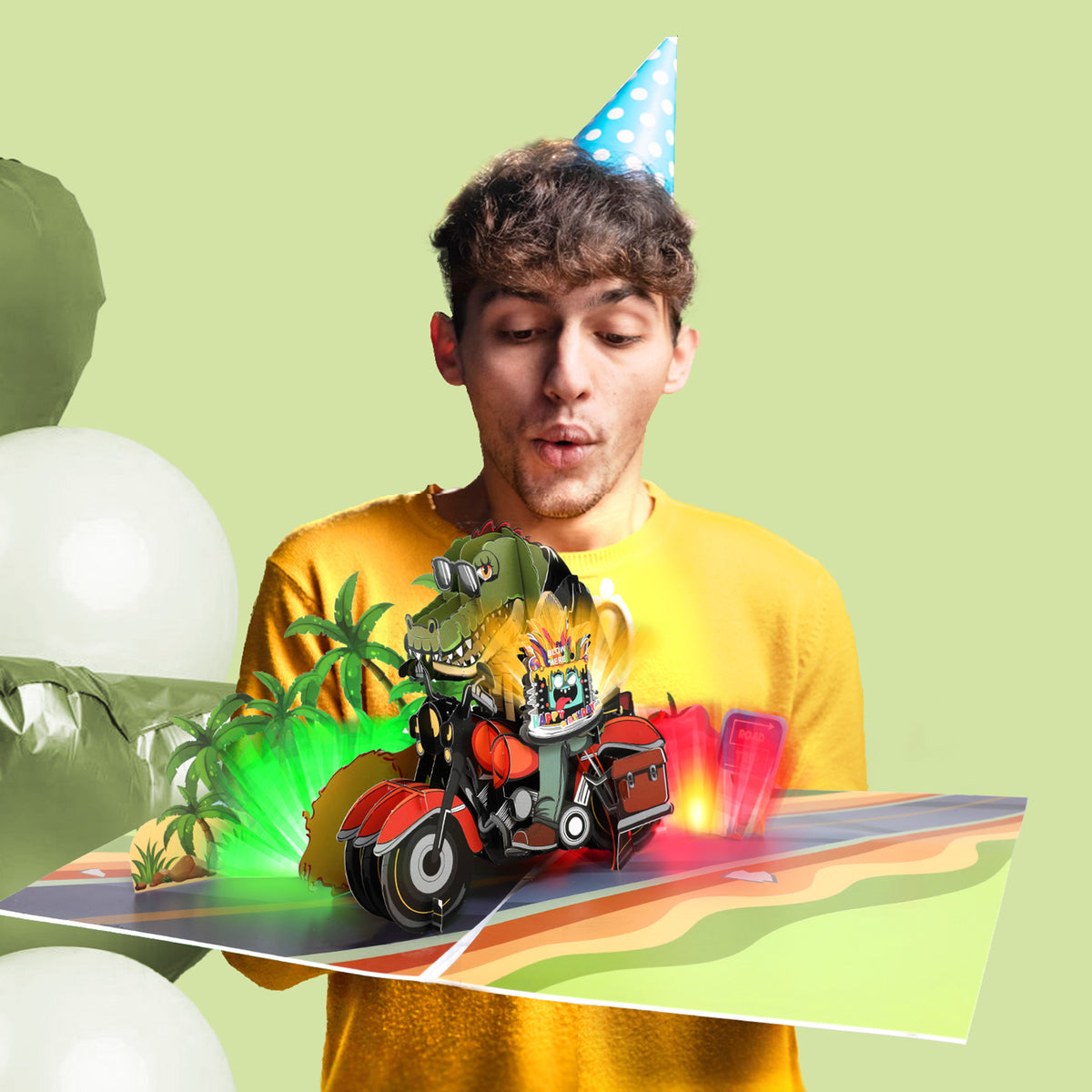 Crocodile Motorbike Blow-to-Celebrate Birthday Card