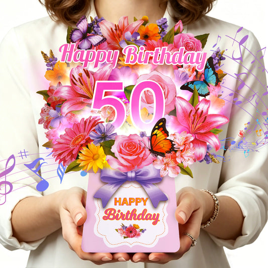50th Lily Floral Bouquet Music & Lights Pop-Up Birthday Card