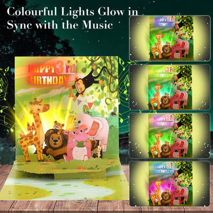 3rd Birthday Jungle Animals Music & Lights Pop-Up Birthday Card