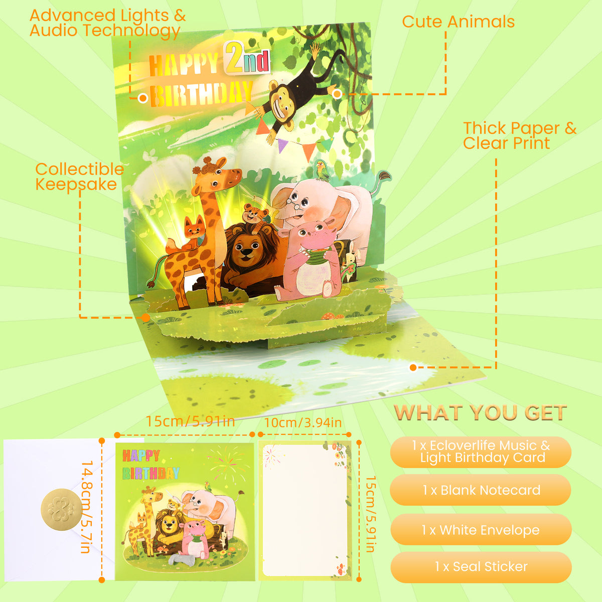 2nd Birthday Jungle Critters Music & Lights Pop-Up Birthday Card