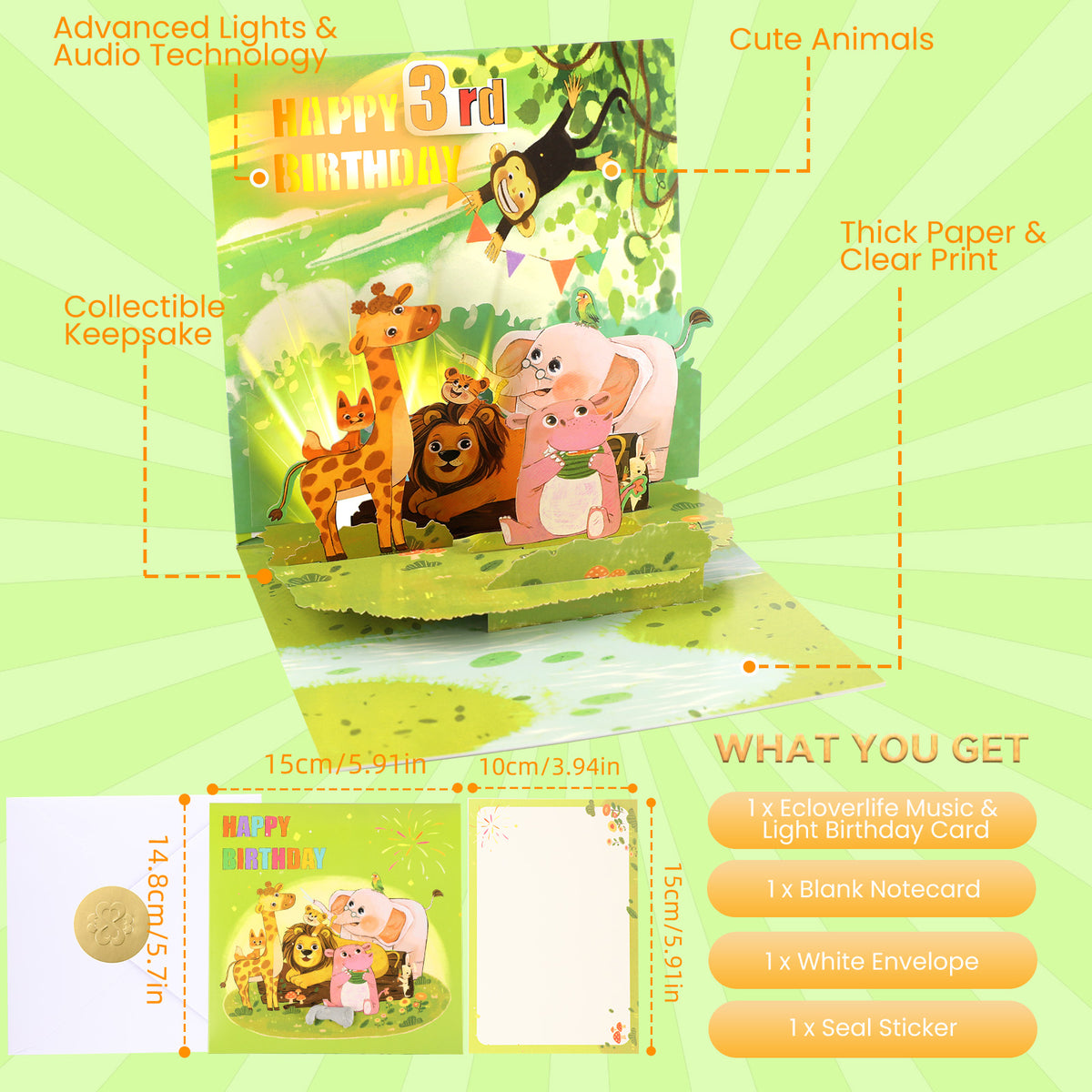 3rd Birthday Jungle Animals Music & Lights Pop-Up Birthday Card