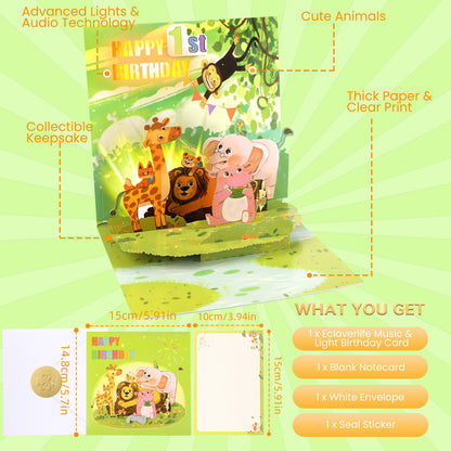 1st Birthday Jungle Animals Music & Lights Pop-Up Birthday Card