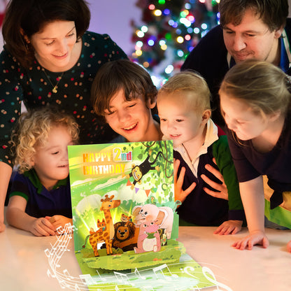 2nd Birthday Jungle Critters Music & Lights Pop-Up Birthday Card