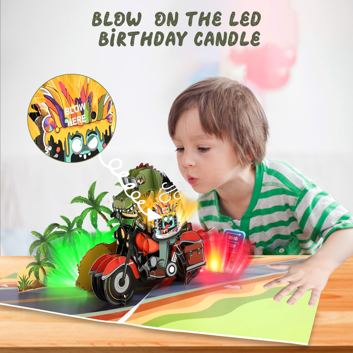 Crocodile Motorbike Blow-to-Celebrate Birthday Card