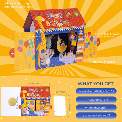 Animal Party House Music & Lights Pop-Up Birthday Card