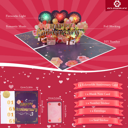 3D Romantic Fireworks Music & Lights Pop-Up Anniversary Card