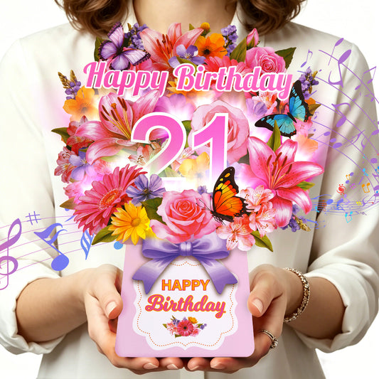 21st Lily Floral Bouquet Music & Lights Pop-Up Birthday Card