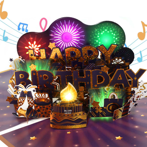 Birthday Cards, Musical & Fireworks Lights Birthday Card for Men, 3D Pop-up birthday card w Blowable Candle for Men, Women, Boys, Girls, Kids