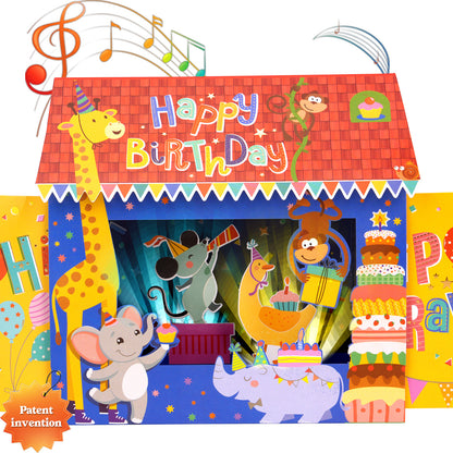 Animal Party House Music & Lights Pop-Up Birthday Card
