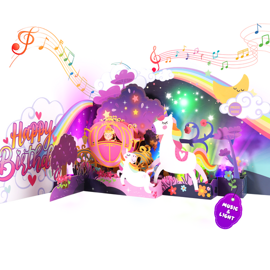 3D Unicorn Carriage Music & Lights Pop-Up Birthday Card