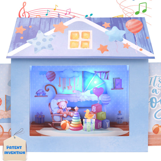 Blue Baby Boy Nursery Music & Lights Pop-Up Baby Shower Card