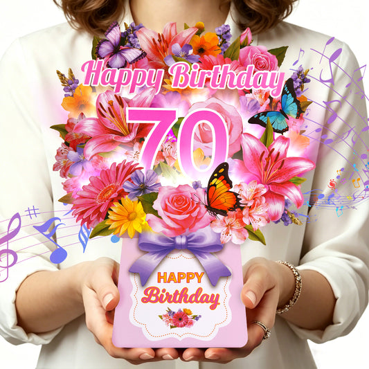 70th Lily Floral Bouquet Music & Lights Pop-Up Birthday Card