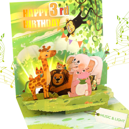 3rd Birthday Jungle Animals Music & Lights Pop-Up Birthday Card