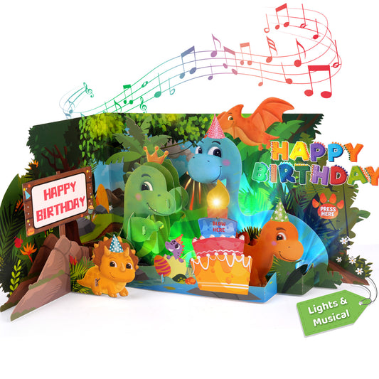 3D Dinosaur Jungle Blow-to-Roar Music & Lights Pop-Up Birthday Card