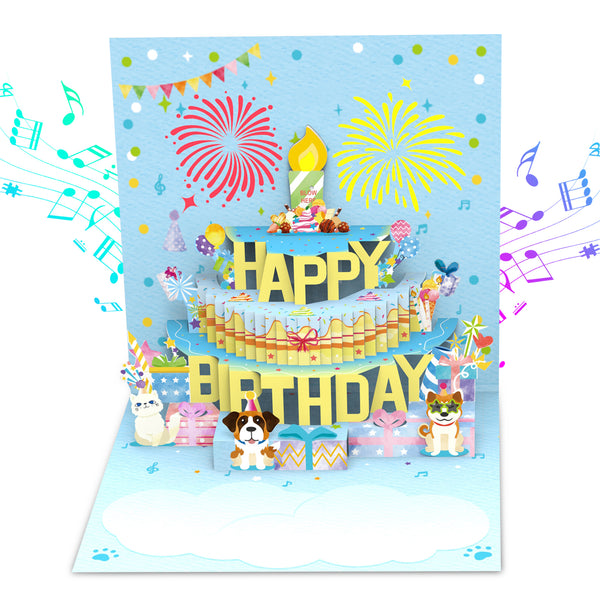 Blue Cake Music and Fireworks Birthday Card