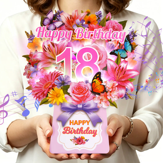18th Lily Floral Bouquet Music & Lights Pop-Up Birthday Card