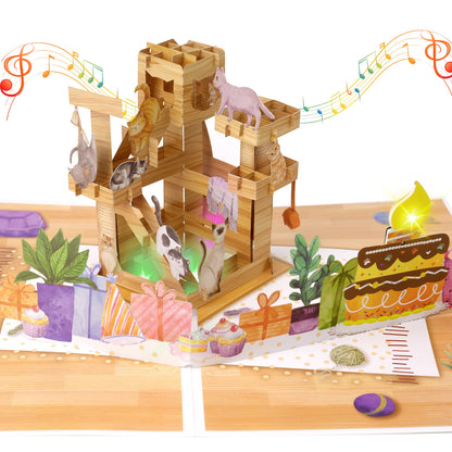 Cat Tree Music & Lights Pop-Up Blow-to-Celebrate Birthday Card
