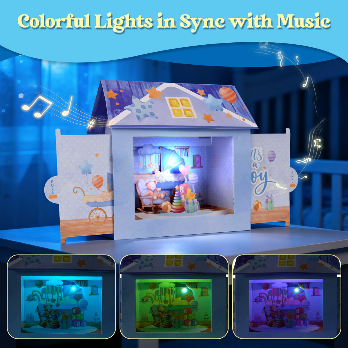 Blue Baby Boy Nursery Music & Lights Pop-Up Baby Shower Card