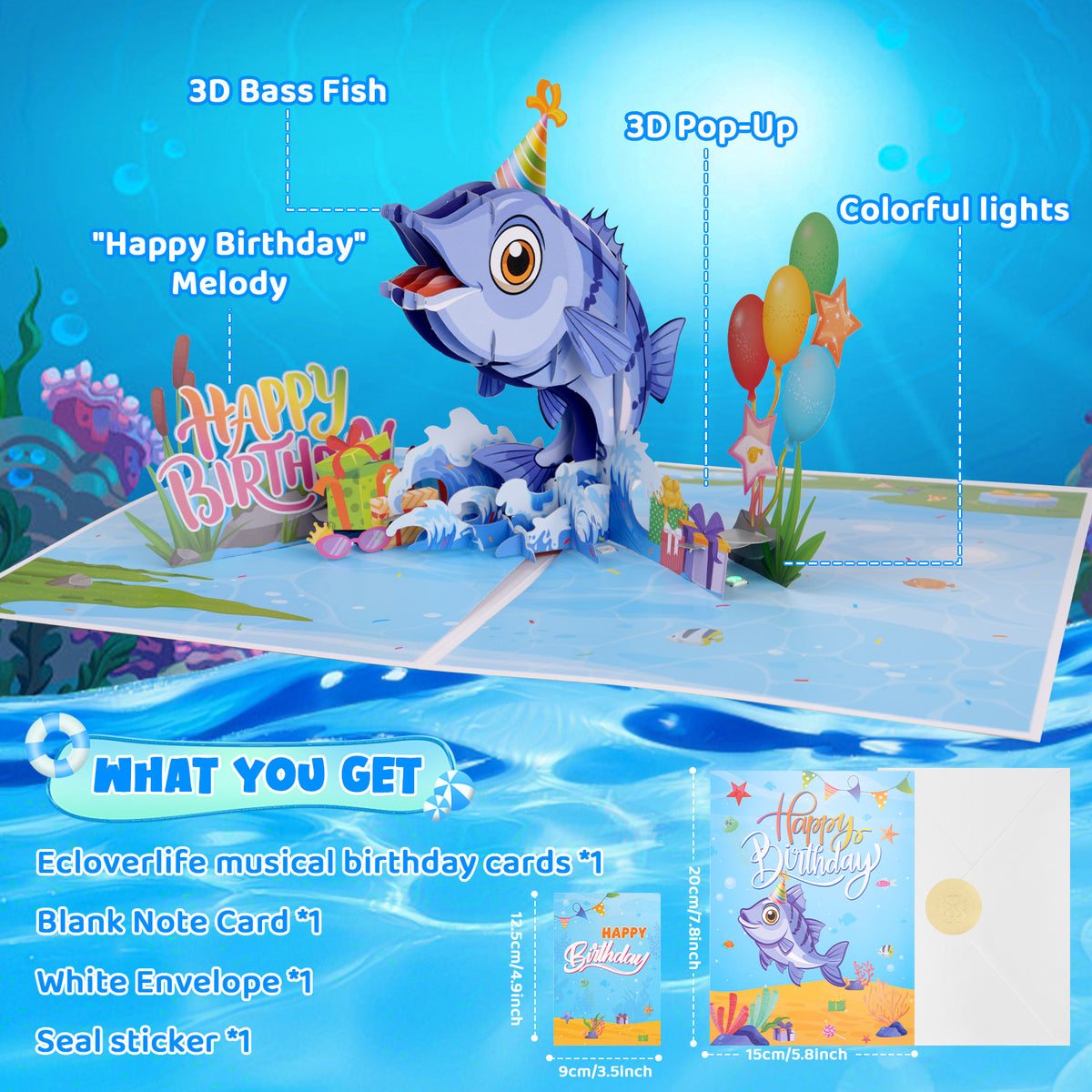Bass Fish Music & Lights Pop-Up Birthday Card
