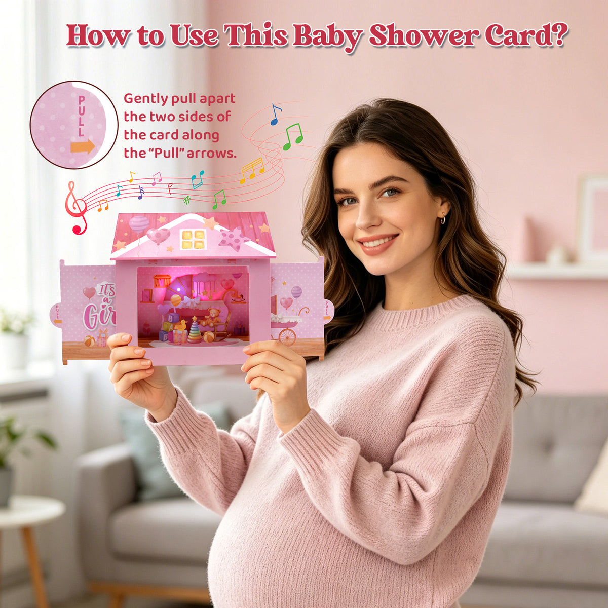 Pink Baby Girl Nursery Music & Lights Pop-Up Baby Shower Card