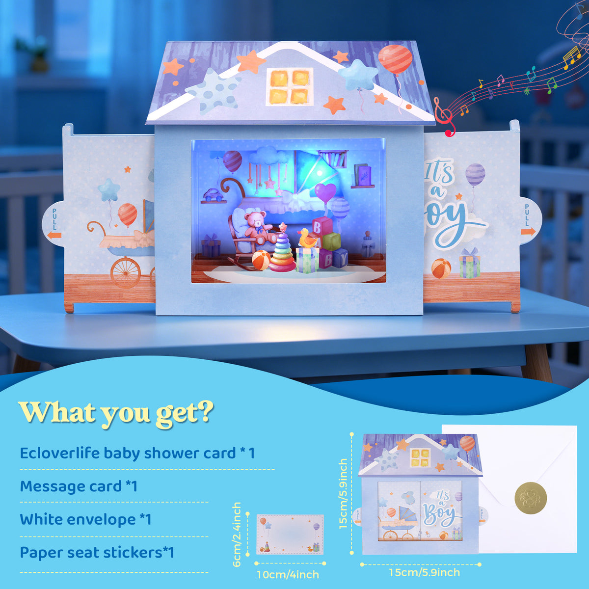 Blue Baby Boy Nursery Music & Lights Pop-Up Baby Shower Card