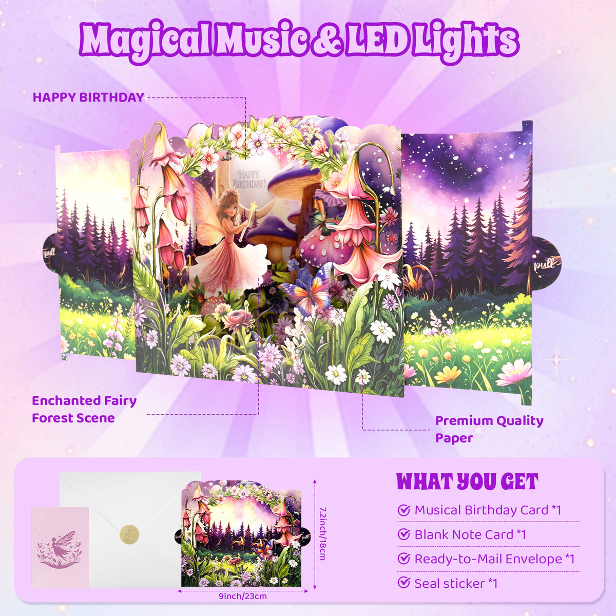 Fairy Forest Pull Tab Pop-Up Music & Lights Birthday Card