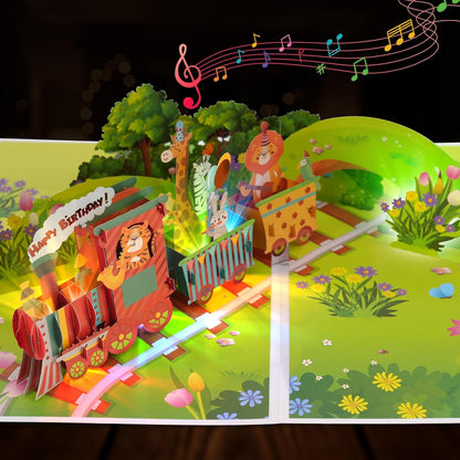 Animal Train Music & Lights Pop-Up Birthday Card