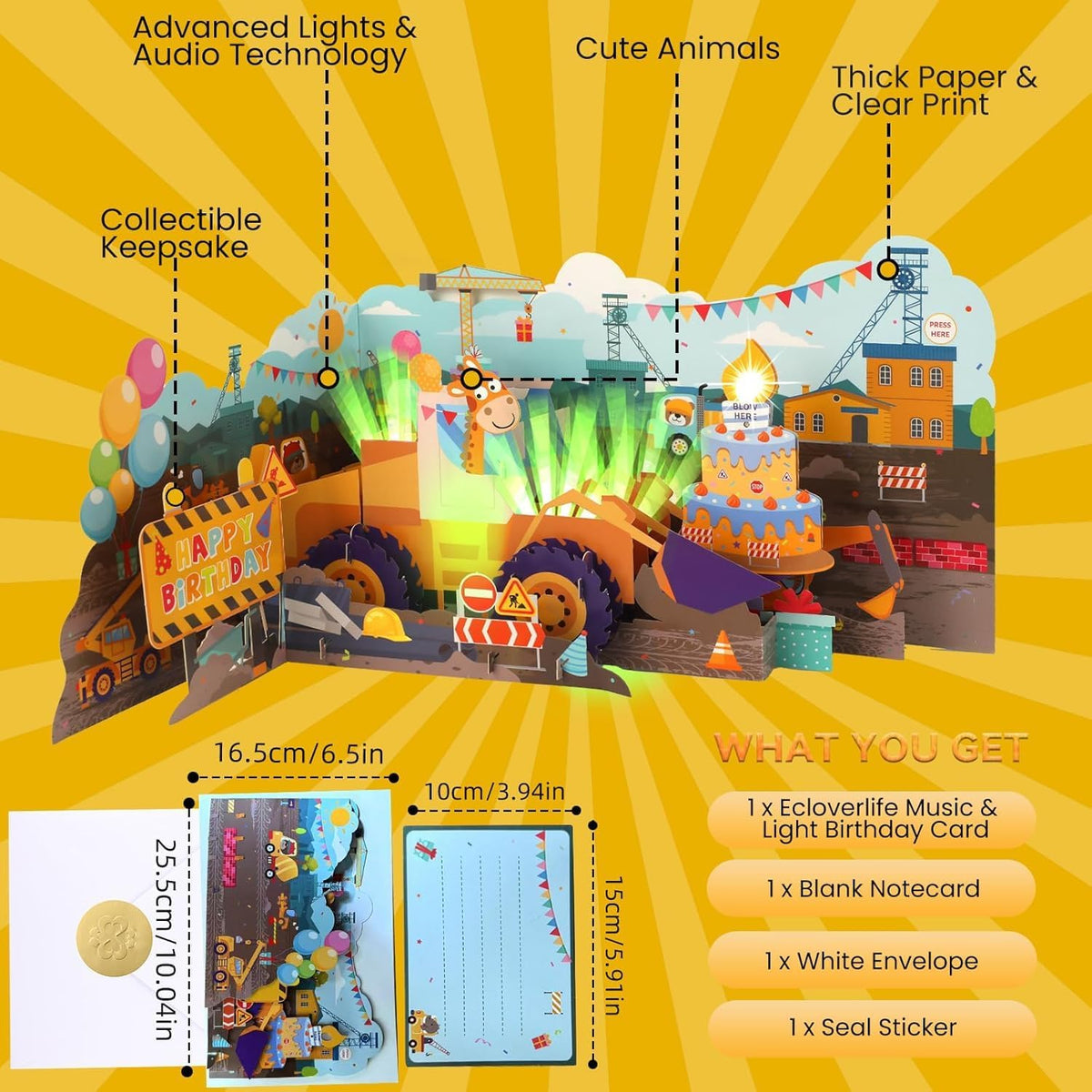 Construction Bulldozer & Giraffe Music & Lights Pop-Up Blow-to-Celebrate Birthday Card