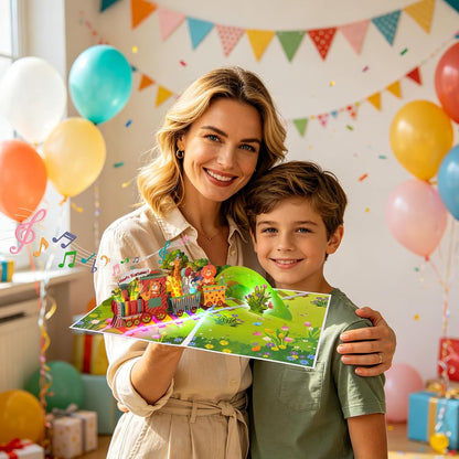 Animal Train Music & Lights Pop-Up Birthday Card