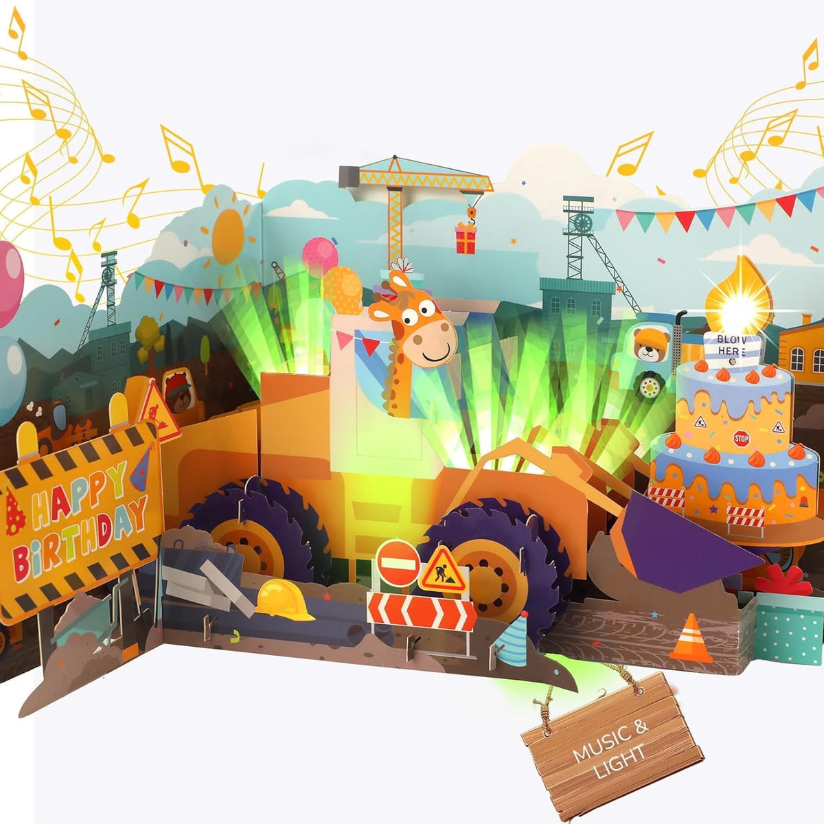 Construction Bulldozer & Giraffe Music & Lights Pop-Up Blow-to-Celebrate Birthday Card