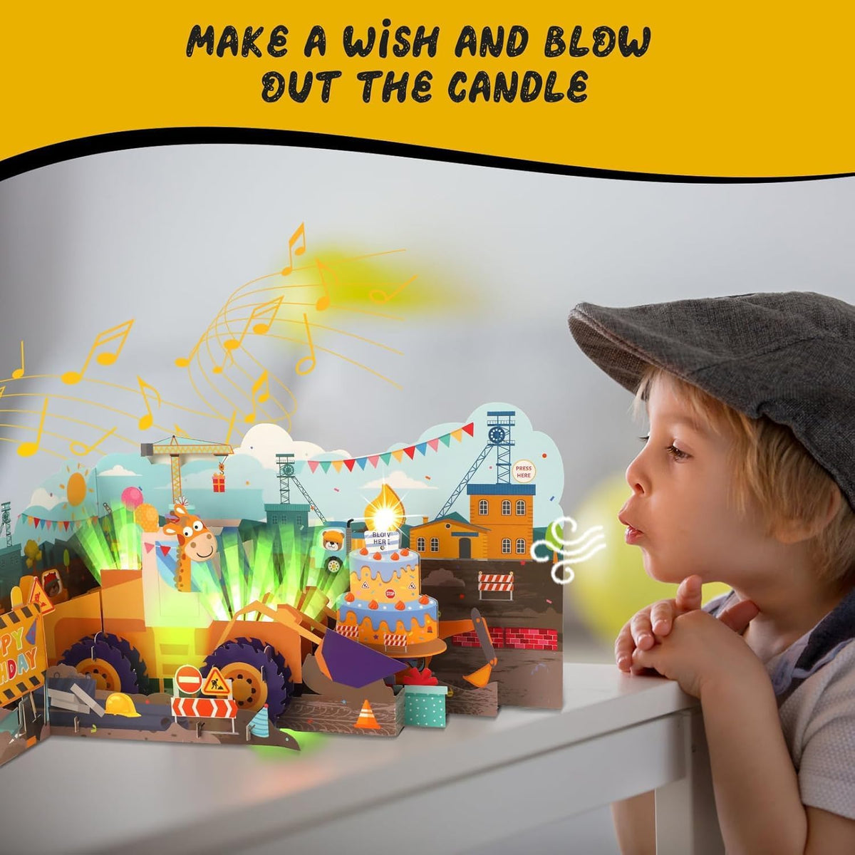 Construction Bulldozer & Giraffe Music & Lights Pop-Up Blow-to-Celebrate Birthday Card