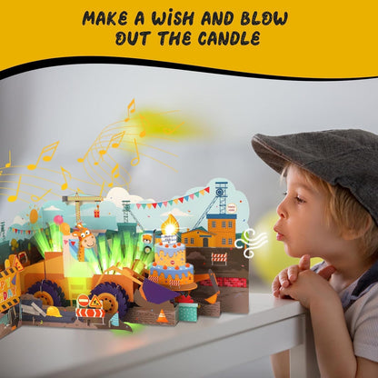 Construction Bulldozer & Giraffe Music & Lights Pop-Up Blow-to-Celebrate Birthday Card