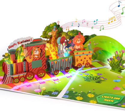 Animal Train Music & Lights Pop-Up Birthday Card