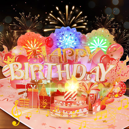 Fireworks & Cake Blow-to-Celebrate Music & Lights Pop-Up Birthday Card