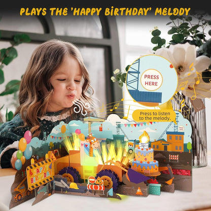 Construction Bulldozer & Giraffe Music & Lights Pop-Up Blow-to-Celebrate Birthday Card