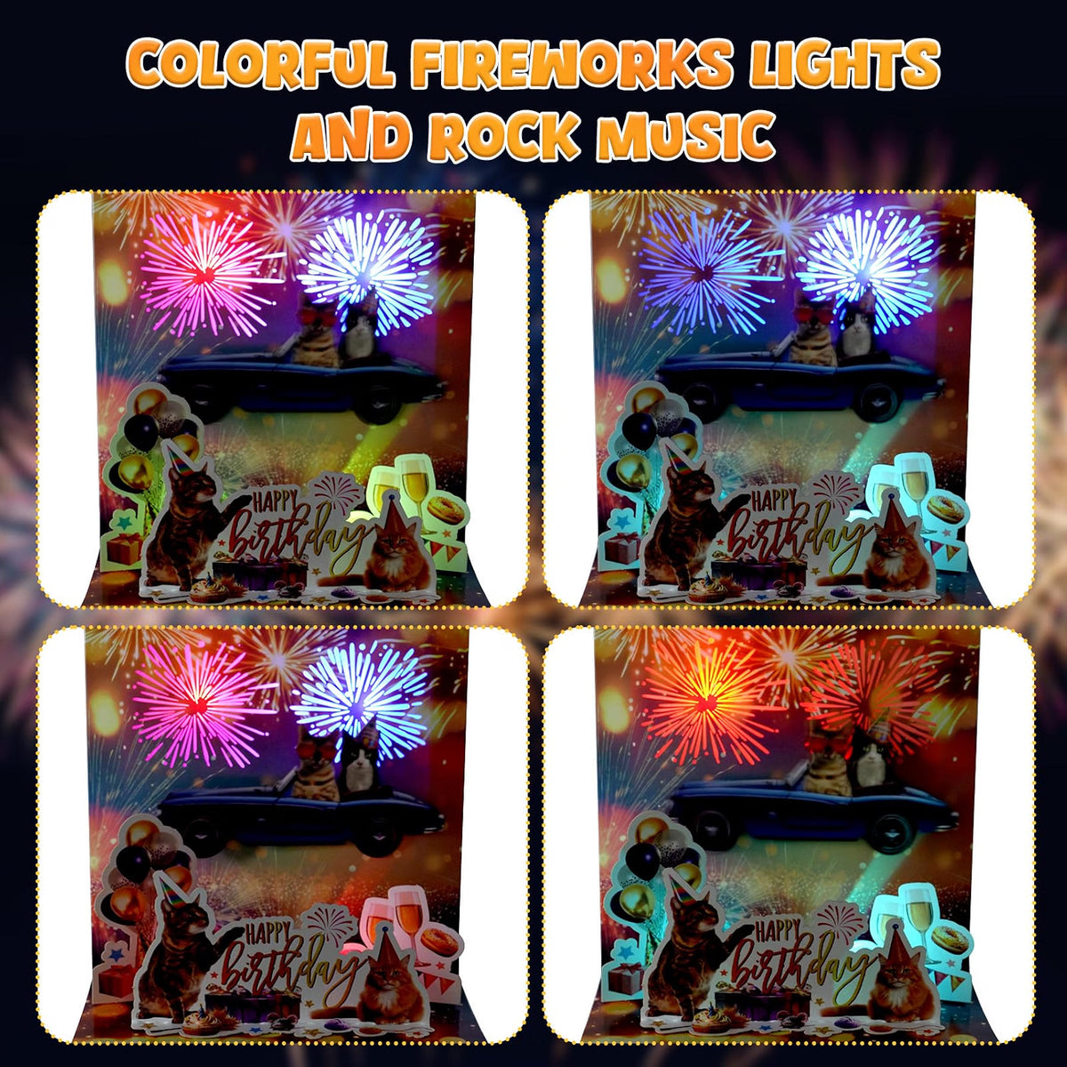 Cat Convertible Firework Shaking Music & Lights Pop-Up Birthday Card