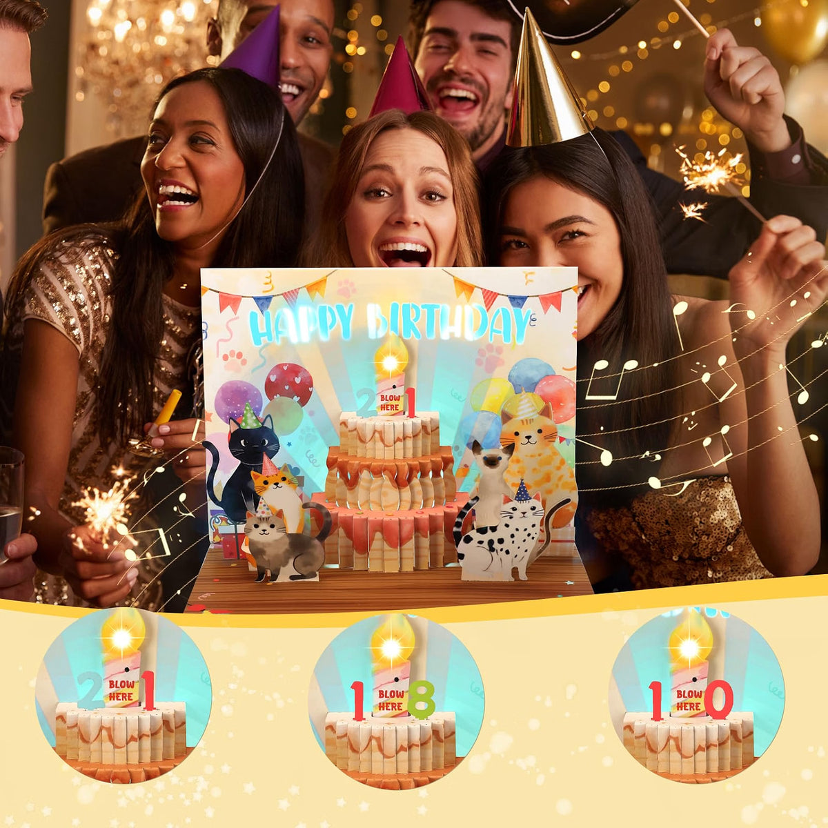 Cat Party Cake Blow-to-Celebrate Birthday Card