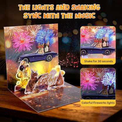 Cat Convertible Firework Shaking Music & Lights Pop-Up Birthday Card