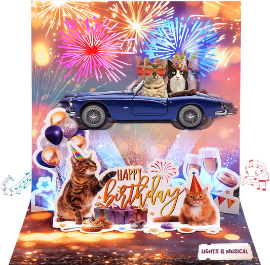 Cat Convertible Firework Shaking Music & Lights Pop-Up Birthday Card