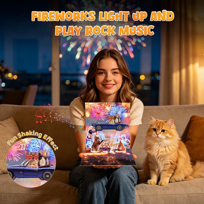 Cat Convertible Firework Shaking Music & Lights Pop-Up Birthday Card